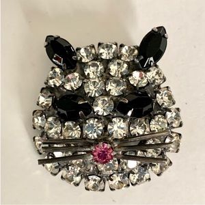 Vintage Rhinestone Cat Face Pin 1950s